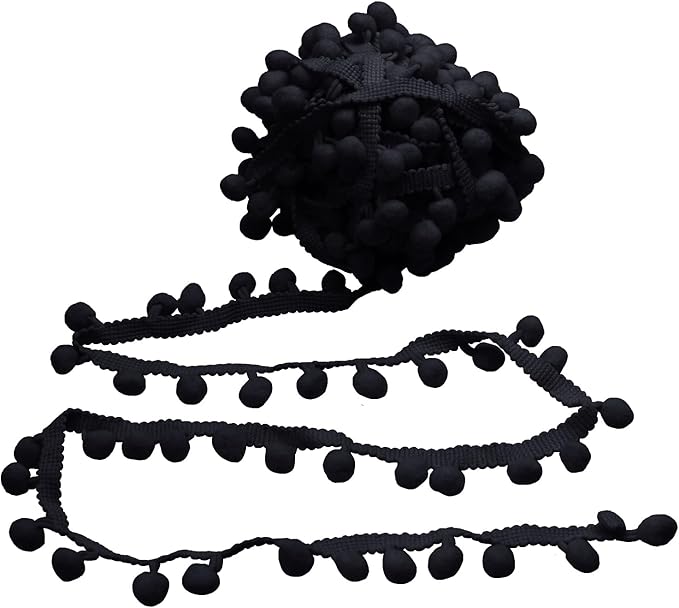 Homiest 10 Yards Pom Pom Trim for Sewing, 1 Inch Wide Black Ribbon Bundles Textured Fabric Fringe Ribbon, 13mm Ball Pompom Trim for DIY Crafts Curtain Clothes Pillow Home Decoration
