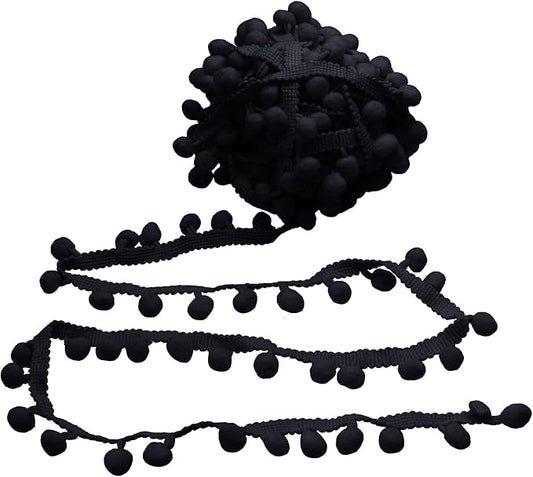 Homiest 10 Yards Pom Pom Trim for Sewing, 1 Inch Wide Black Ribbon Bundles Textured Fabric Fringe Ribbon, 13mm Ball Pompom Trim for DIY Crafts Curtain Clothes Pillow Home Decoration