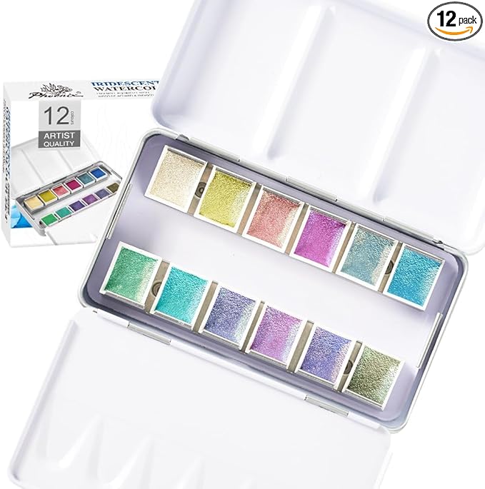 PHOENIX Iridescent Watercolor Paints - 12 Half Pan Color Shifting Watercolor Paint Set, Glitter Pearlescent Portable Palette, Gift for Water Color Painter