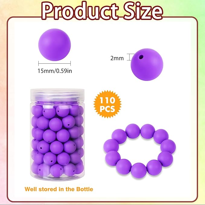110 Pcs Silicone Focal Beads, EVERMARKET 15mm Silicone Beads for Keychain Making, Round Silicone Beads Bulk with Bottle, Rubber Loose Beads for Pens Crafts Necklace Bracelet Lanyard (Purple)