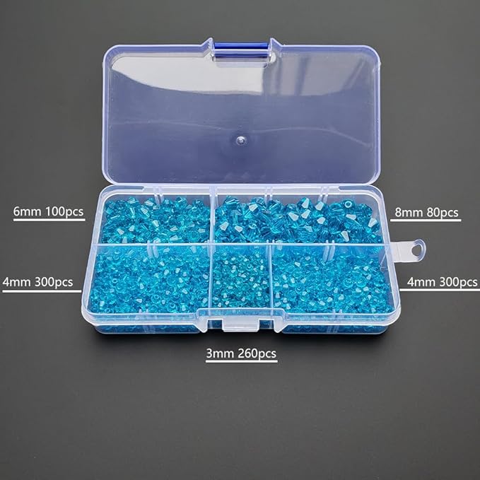 Aquamarine Bicone Glass Beads for Jewelry Making, Faceted Crytal Spacer Beads for Bracelet Necklace Earring (3mm 4mm 6mm 8mm Mixed Sizes, 1040pcs)