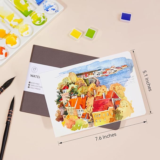 Lightwish Watercolor Journal, 100% Cotton Cold Press Watercolor Paper Sketchbook 7.6” x 5.3”, 20 Sheets (140lb/300gsm), Acid-Free for Watercolors, Gouache, Acrylics