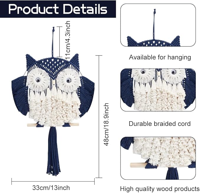 FREEBLOSS DIY Macrame Owl Kit with Video Tutorial Macrame Wall Hanging Ornament Boho Wall Hanging Decor Navy Blue&White Macrame Tapestry Gift Macrame Kit for Beginners