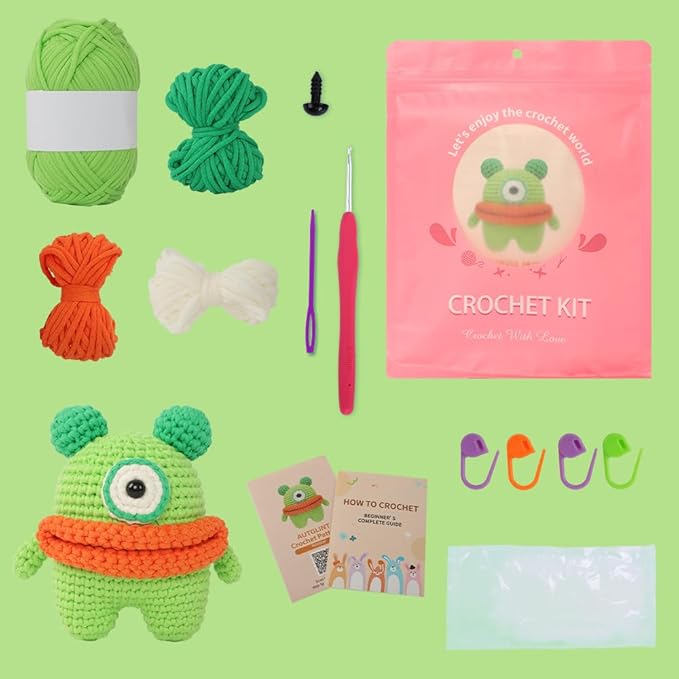 Autglint Monster Crochet Kit for Complete Beginners, Amigurumi Animal Starter Kit with Detailed Video Tutorials, Learn to Crochet Kit with Non-Split Pre-Started Yarn - Green Monster