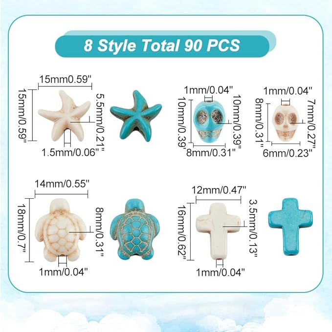 arricraft 90 Pcs Assorted Synthetic Turquoise Beads, 8 Styles Ocean Animal Spacer Beads Loose Skull Beads Starfish Beads Sea Turtle Beads Cross Beads for Bracelets Earrings DIY Jewelry Making