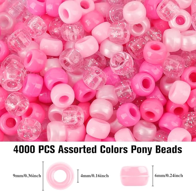 pony 4000 pcs beads for bracelets, hair braids & jewelry making - plastic craft beads for kids & kandi jewelry (pink color scheme)