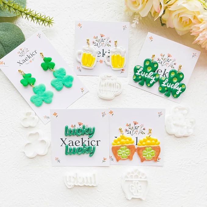 St. Patrick's Day Polymer Clay Cutters Set - 12pcs Lucky Shamrock Leprechaun Shapes for DIY Earring Jewelry Making, Soft Clay Crafts & Holiday Supplies