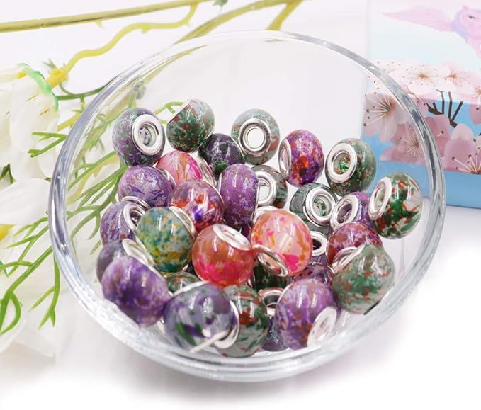AIPRIDY 100Pcs 15x11mm Painting Murano Large Hole Glass Beads Mix Color with Silver Brass Cores European Charm fit Bracelet Necklace (Opaque Double Color)