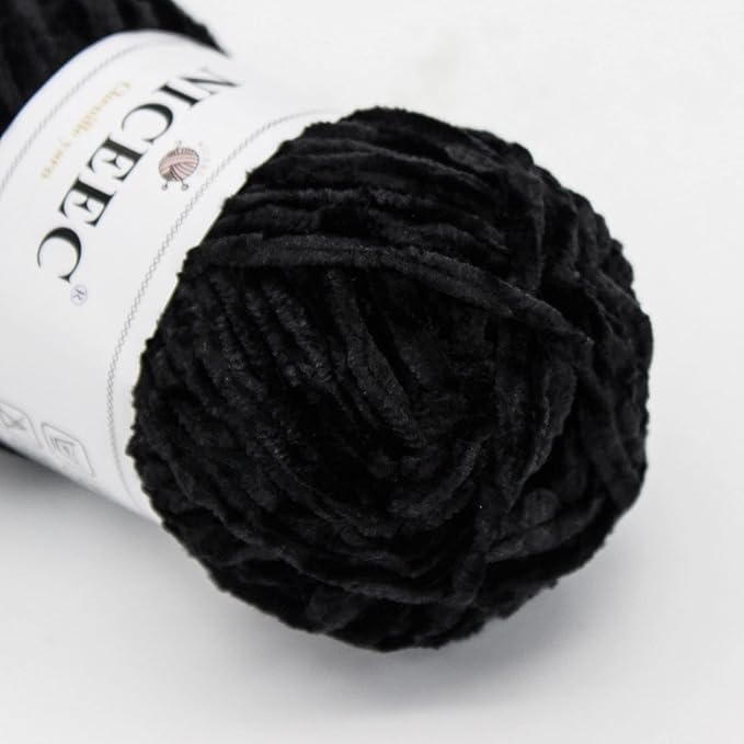 NICEEC 3 Skeins Soft Chenille Yarn Blanket Yarn for Knitting Fancy Yarn for Crochet Weaving DIY Craft Total Length 3×85m (3×93yds, 3×50g)_Black