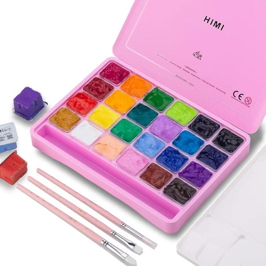 HIMI Gouache Paint Set, 24 Colors x 30ml/1oz with 3 Brushes & a Palette, Unique Jelly Cup Design, Non-Toxic, Guache Paint for Canvas Watercolor Paper - Perfect for Beginners, Students, Artists(Pink)