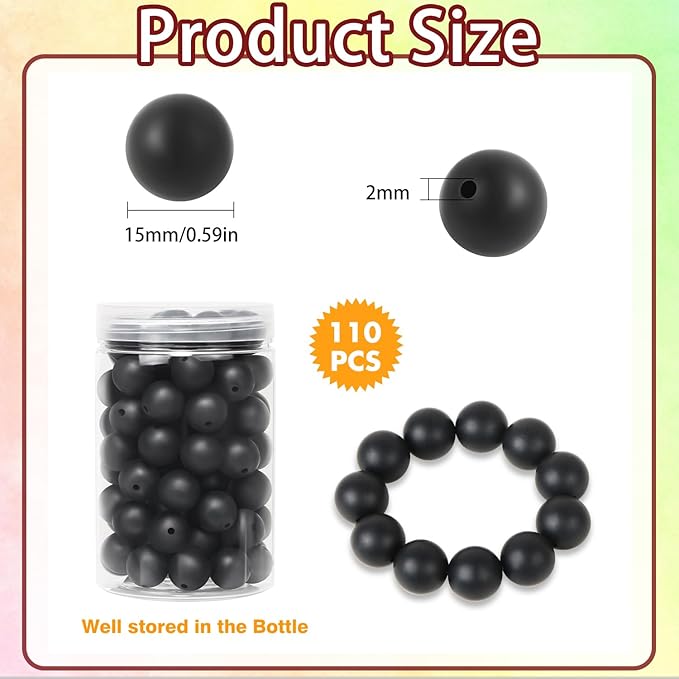 110 Pcs Silicone Focal Beads, EVERMARKET 15mm Silicone Beads for Keychain Making, Round Silicone Beads Bulk with Bottle, Rubber Loose Beads for Pens Crafts Necklace Bracelet Lanyard (Black)