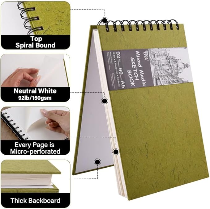 5.8" x 8.3" Mixed Media Sketch Book,Spiral Bound Hardcover Sketchbook,60 Sheets 92lb/150gsm Neutral White Acid Free Paper,Art Journal Sketchbook for Drawing Writing Sketching Illustration,Yellow Green