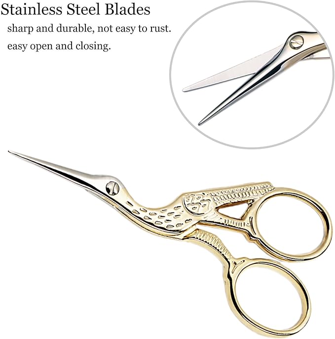 BIHRTC Stork Scissors with Leather Cover Stainless Steel Crane Design Sewing Embroidery Household Scissors for Sewing Crafting Art Work Threading Needlework Knitting