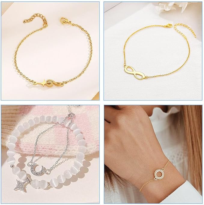 FASHEWELRY 8Pcs Stainless Steel Adjustable Chains Bracelet Cable Chain Extender Chains 6-5/8 inch Metal Chain Link Bracelets with Lobster Clasp for Jewelry Making