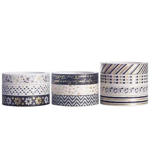 YUBBAEX 10 Rolls Sparkling Washi Tape Set 8mm Skinny Gold Foil Decorative Masking Washi Tapes for Journal,Scrapbook, Planner, DIY Crafts (Black & White)