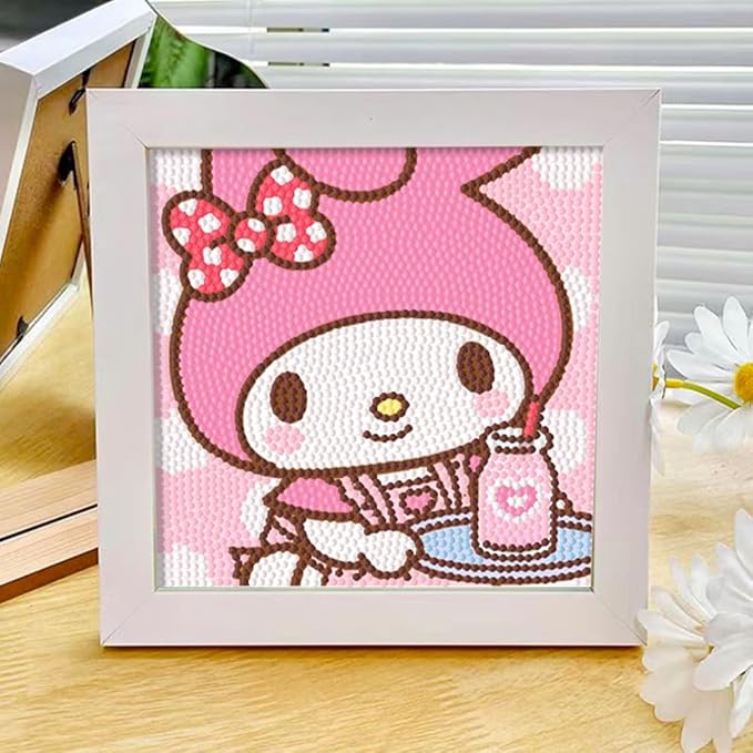 PERFECTSIGHT Cute 5D Diamond Art Kits with Wooden Frame, Kawaii DIY Painting Art for Adults, Diamond Arts and Crafts Sets, Big Gem Full Drill Diamond Dots for Women Beginners (Milk)