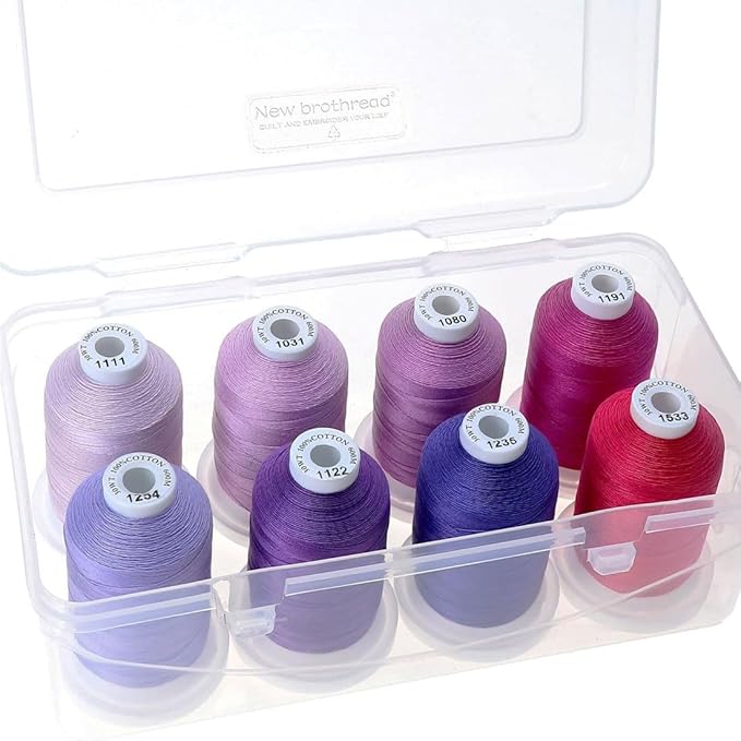 New brothread - 18 Options - Multi-Purpose 100% Mercerized Cotton Thread 50S/3 600M Each Spool for Quilting, Serger, Sewing and Embroidery - 8xCandy(Different Purple) with Clear Plastic Storage Box