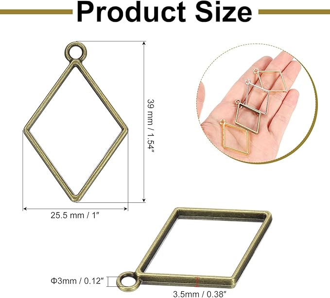 uxcell 60Pcs Alloy Open Bezel Pendants, Diamond Shape Hollow Frame Pendant Geometric Open Back Frame Pendant for Resin Jewelry Making Earrings Necklace Bracelet DIY, Bronze