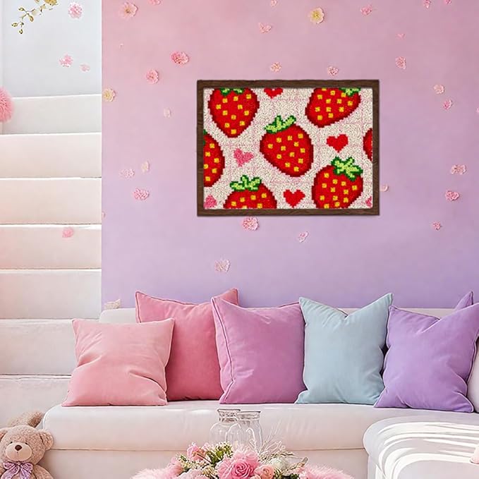 ORIGACH Strawberry Latch Hook Rug Kit for Adults Printed Rug Making Kit Handmade Carpet Tapestry Cover with Hook Latch and Preprinted Canvas, Home Arts Crafts Sofa Decor, 20.5x15inch
