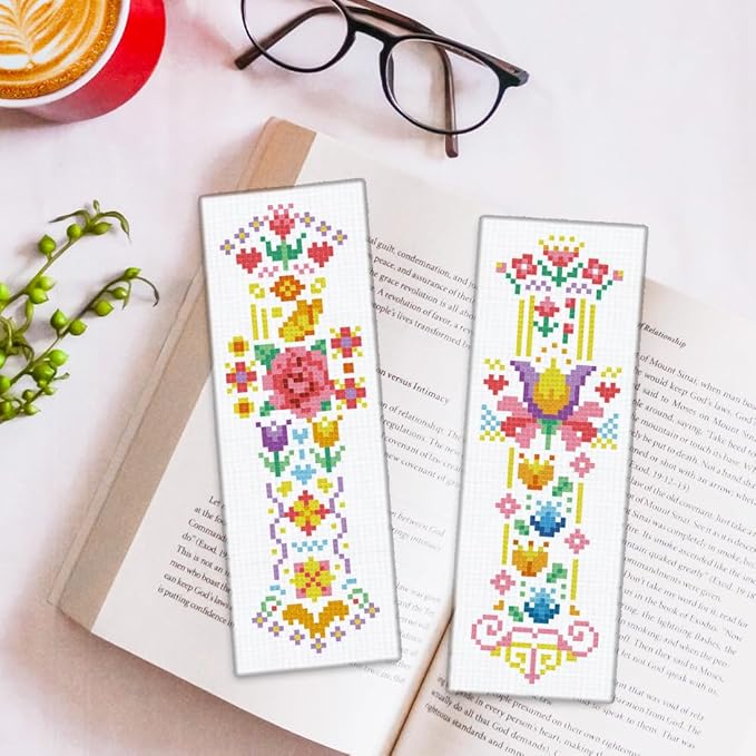 ORIGACH 6 Pcs Cross Stitch Bookmark Kit for Beginner Adults, Spring Flowers Stamped Embroidery Bookmark Kit with Instruction for Starters for Book Lovers