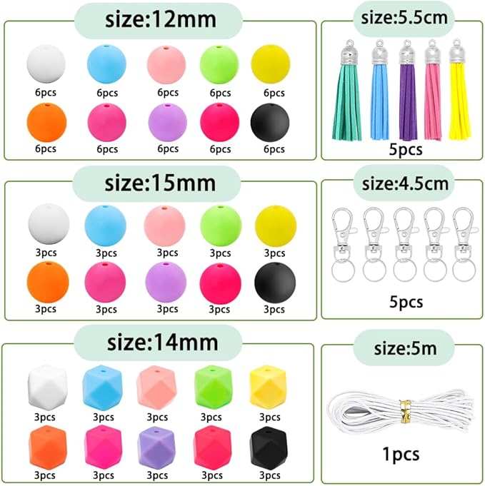 131 PCS Silicone Beads for Keychain Making Kit,12mm 15mm Round 14mm Polygonal Rubber Beads Multicolor Bulk Silicone Loose Beads for DIY Necklace Bracelet Jewelry Making Supplies