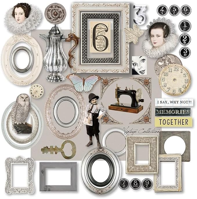 Vintage Junk Journal Items Kit Pre Cut Paper Cards Cutout Cardstock Art Aesthetic Decor Hollow Out Craft Elements Small Embellishments Supplies for Adults Scrapbook Pack (Photo Frame Silvery)