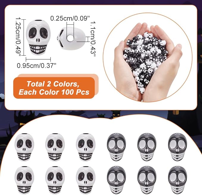 arricraft 200 Pcs Skull Acrylic Beads, 2 Colors Skull Spacer Beads Holes Opaque Acrylic Beads Center Diamond Accessories for DIY Handmade Necklaces, Bracelets, Earrings Decoration