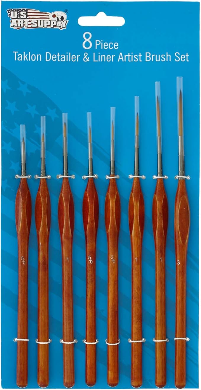 U.S. Art Supply 8 Piece Taklon Detail and Liner Artist Brush Set with Wood Comfort Grip Handles - Art, Detailing, Acrylic, Oil, Watercolor