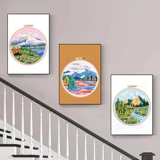 Konrisa 3 Pcs Landscape Embroidery Kits, Mountain Flower Village Pattern Cross Stitch Kit, DIY Sewing Practice Kits for Adults Home Decoration,Include Embroidery Cloth Threads and Needles,1pc Hoops