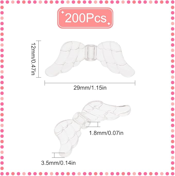 SUNNYCLUE 1 Box 200Pcs Wings Beads Angel Wing Beads Transparent Clear Acrylic Charms Christmas Guardian Angel Fairy Loose Spacers for Jewelry Making Kit Earrings Necklace Supplies Adult Women