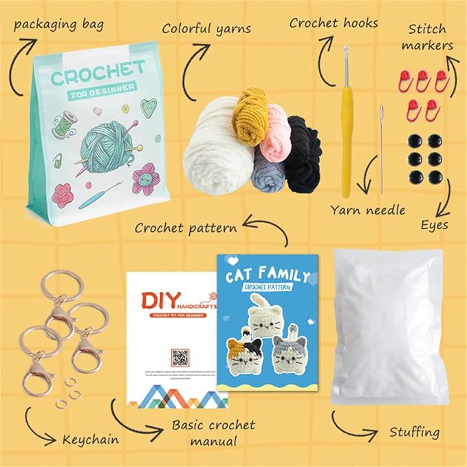 Linhao Jew Crochet Kit for Beginners – Cat Crochet Kit Keychain with Pre-Started Easy Yarn, Step-by-Step Video Tutorials for Adults & Kids DIY Crafts (Kitten)
