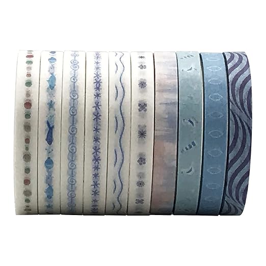 Vintage Pattern 5mm Wide Skinny Washi Tapes Set, 10 Rolls Blue Japanese Masking Decorative Tapes for Bullet Journal Planners DIY Decor Crafts Arts Scrapbooking Adhesive