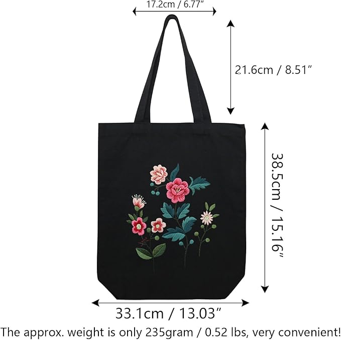 CREAWONDER Canvas Tote Bag Embroidery Kit with Pattern for Beginners, Arts and DIY Embroidery Crafts Kits for Adults, Include Instructions, Thimble, Embroidery Hoops, Color Threads and Tool