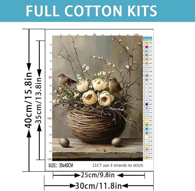 Bird Stamped Cross Stitch Kits for Adults -Flower Embroidery Kits for Beginners Adults,11 CT Patterns Dimensions Counted Cross Stitch Kits for Adults Arts Craft 12x16 inch
