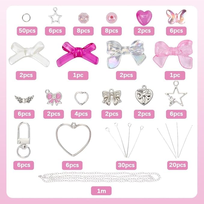 SUNNYCLUE 1 Box 171Pcs Small Bow Bag Charms Keychains Making Kit Love Romantic Bowknot Beads Pink Bow Beads Acrylic Glass Spacers Charm for Handbag Purse Bag Craft DIY Accessories Decorations Women