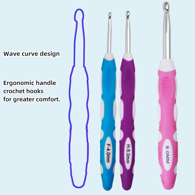 4mm 5mm 8mm Crochet Hook, Smooth Metal Head and Soft Rubber Grip Extra Long Ergonomic Crochet Hooks for Arthritic Hands, Beginners and Crochet Enthusiast