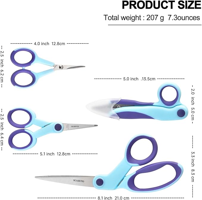 Premium Sewing Scissors Bundle, 8" Heavy Duty Fabric, 5" Embroidery, 4" Small Detail Scissors, 5" Thread Snips, Tailoring, Dressmaking, Quilting, Arts&Craft Supplies, Blue