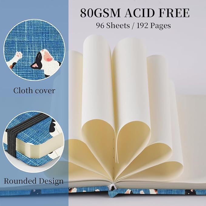 Square 4.8x4.8 inches 80gsm 96sheets/192 Pages Notebooks Blank Sketchbooks Travel Journal Pocket Hardcover Paint Writing Diary Memo Planner Cloth Cover. Cow Cat