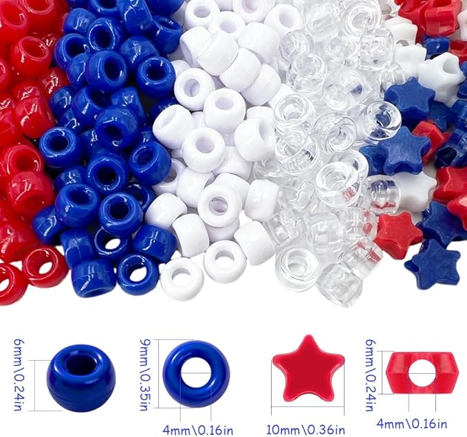 MIIIM 1000PCS 6x9mm Patriotic Pony Beads Bulk, 7 Styles Red White and Blue Kandi Beads for Bracelets Making Kit, Hair Braids Crafts for Jewelry Making (4th of July)
