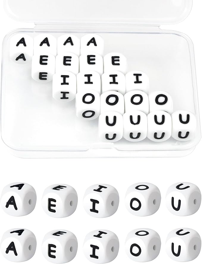 20Pcs FIVEIZERO Silicone Letter Beads, White 12mm Vowels Alphabet Beads,Square Letter Bead for Bracelets and Keychains, Large Letter Bead for Necklaces and Lanyards Making