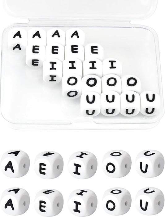 20Pcs FIVEIZERO Silicone Letter Beads, White 12mm Vowels Alphabet Beads,Square Letter Bead for Bracelets and Keychains, Large Letter Bead for Necklaces and Lanyards Making