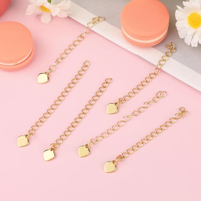 30 Pcs Necklace Extenders,18K Gold Plated Necklace Extender 55 mm,Chain Extender with Heart Chain Tabs for Jewelry Making
