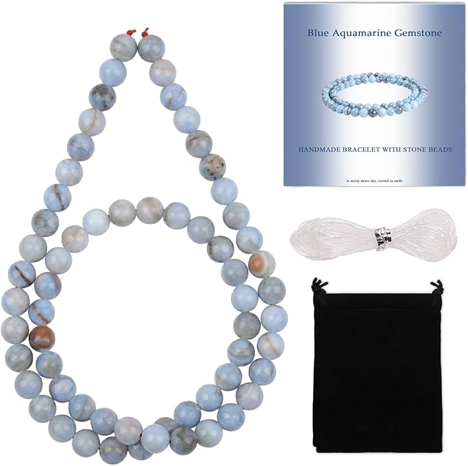 Stone Beads, 60pcs Blue Aquamarine Gemstone, 6mm Round Loose Beads for Jewelry Making, Bracelets, with Bag, String & Card