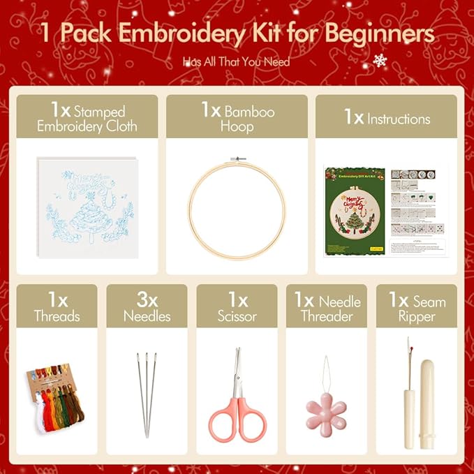 christmas embroidery kits: 1 pack cross stitch kit for beginners adults, diy ornaments craft kit with all tools & instructions, stamped hand embroidery starter kit for holiday crafts & xmas home decor