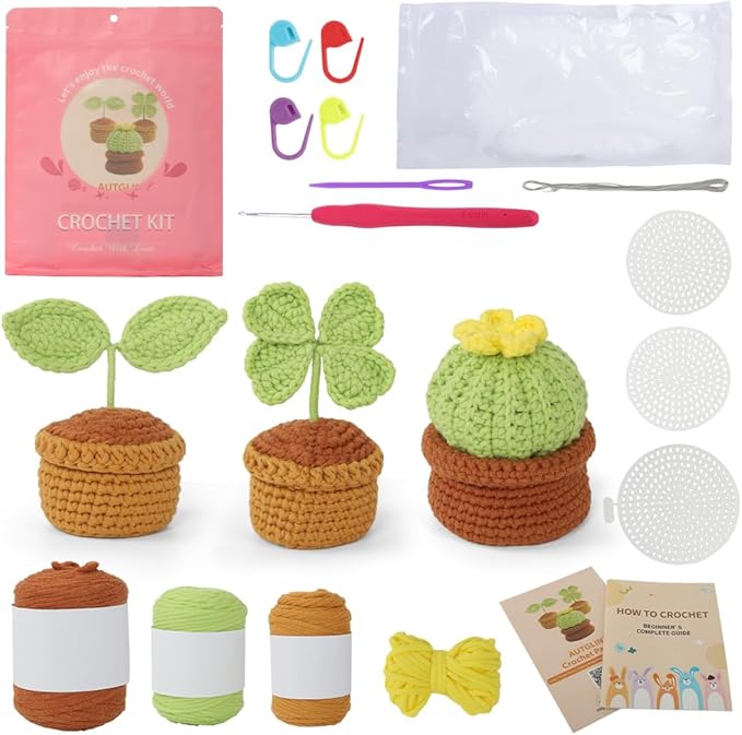 Autglint Potted Plant Crochet Kit for Beginners, Learn to Crochet Starter Kit with Pre-Started Yarn & Easy-to-Follow Video Tutorials, DIY Amigurumi Animal Kit for Adults Kids Gift