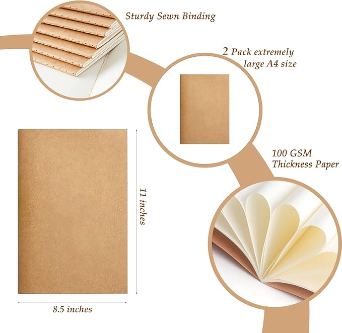 FOVGOTAN 2 Pack Blank Kraft Notebooks Set,（8" x 11" 60 Pages Journals Notebook Bulk, Unlined Composition Notebook for Kids, Student, Sketchbooks