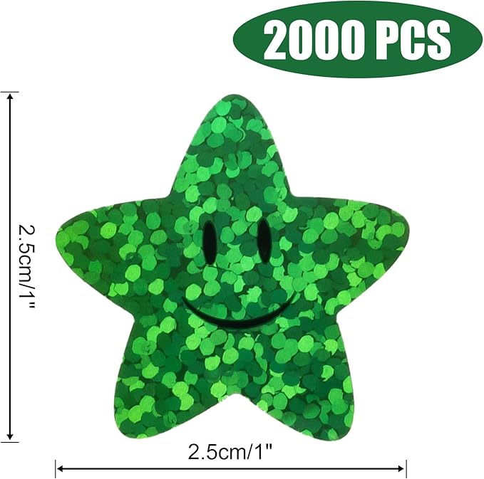 2000 pcs smiley face star stickers for kids, 8 color sparkly foil stars for rewards, self-adhesive glitter stickers for student planners, classroom supplies & behavior incentive (4 rolls)