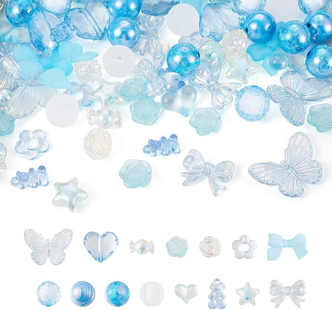 FASHEWELRY Assorted Blue Acrylic Beads Transparent Heart Butterfly Bowknot Flower Beads Gummy Chunky Cute Pony Bead Bulk for Bracelets Necklaces Key Chains Jewelry Making, 80pcs