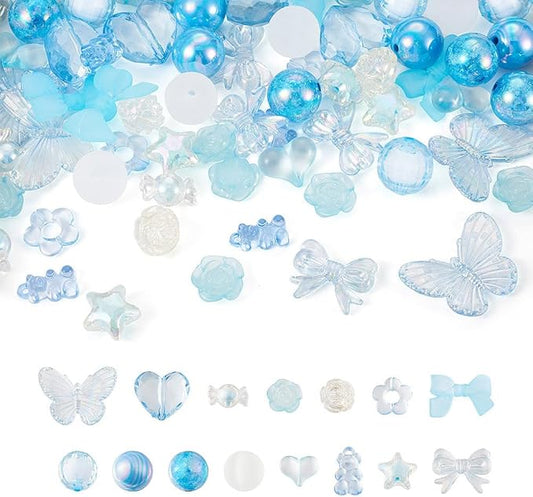 FASHEWELRY Assorted Blue Acrylic Beads Transparent Heart Butterfly Bowknot Flower Beads Gummy Chunky Cute Pony Bead Bulk for Bracelets Necklaces Key Chains Jewelry Making, 80pcs