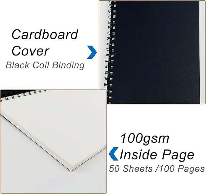 DSTELIN Blank Spiral Notebook, 1-Pack, Soft Cover, Sketch book, 100 Pages / 50 Sheets, 7.5 inch x 5.1 inch (Black)